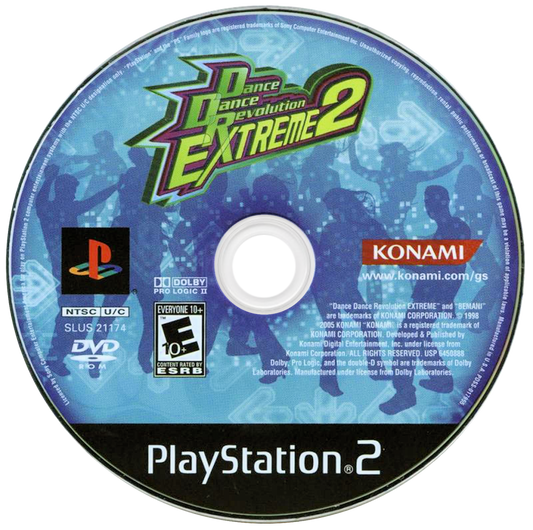 Dance Dance Revolution Extreme 2 disc for the PlayStation 2 featuring rhythm dance gameplay with music tracks step based challenges and multiplayer modes using a dance pad controller disc