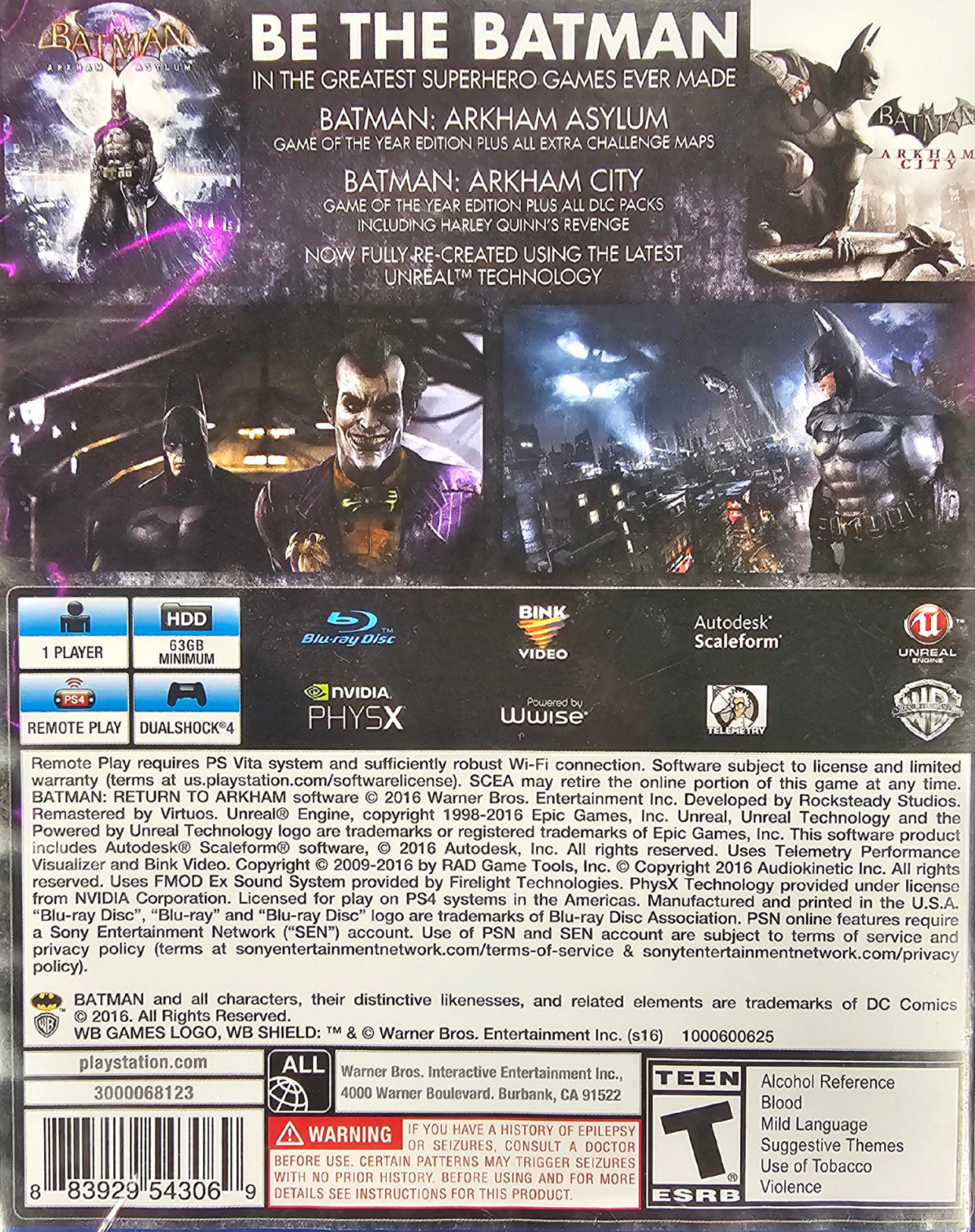 Batman Return to Arkham PlayStation 4 PS4 for action adventure video game fans featuring Batman Arkham Asylum and Batman Arkham City remastered gameplay Gotham City exploration stealth combat detective investigations iconic villains gadget abilities challenging missions and immersive DC Comics superhero action collectible gaming appeal back cover art