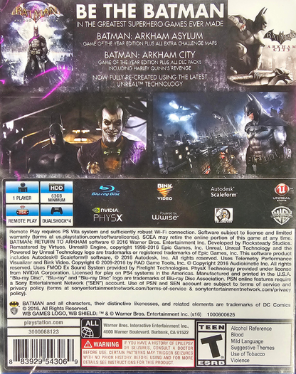 Batman Return to Arkham PlayStation 4 PS4 for action adventure video game fans featuring Batman Arkham Asylum and Batman Arkham City remastered gameplay Gotham City exploration stealth combat detective investigations iconic villains gadget abilities challenging missions and immersive DC Comics superhero action collectible gaming appeal back cover art