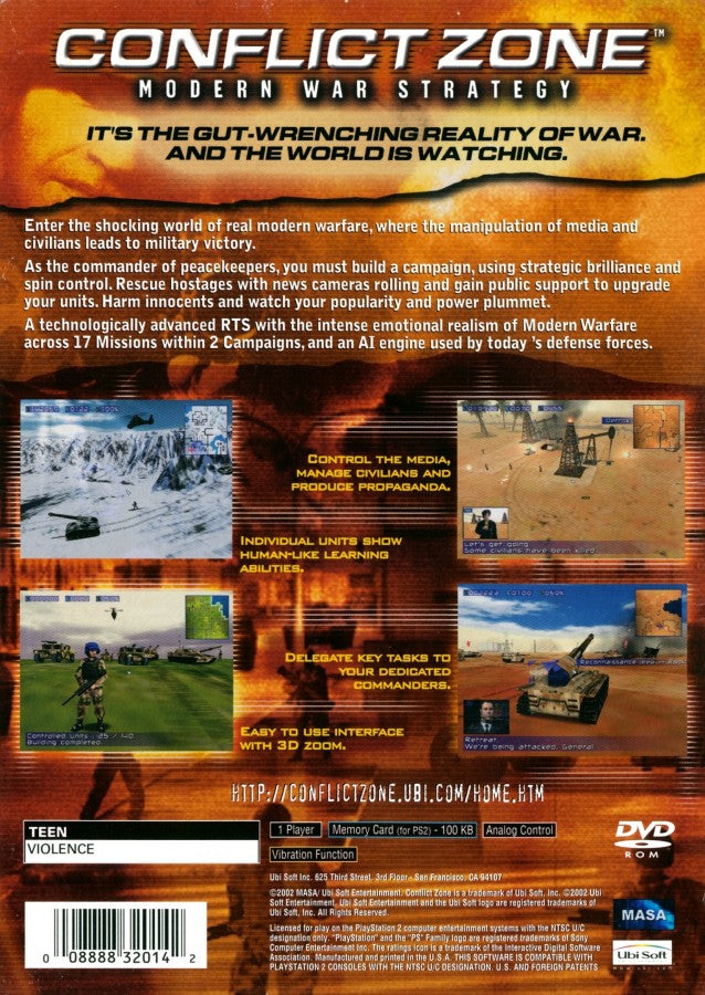 Conflict Zone Modern War Strategy PS2 PlayStation 2 real time strategy game military combat tactical warfare base building modern battlefield gameplay retro video game back of case