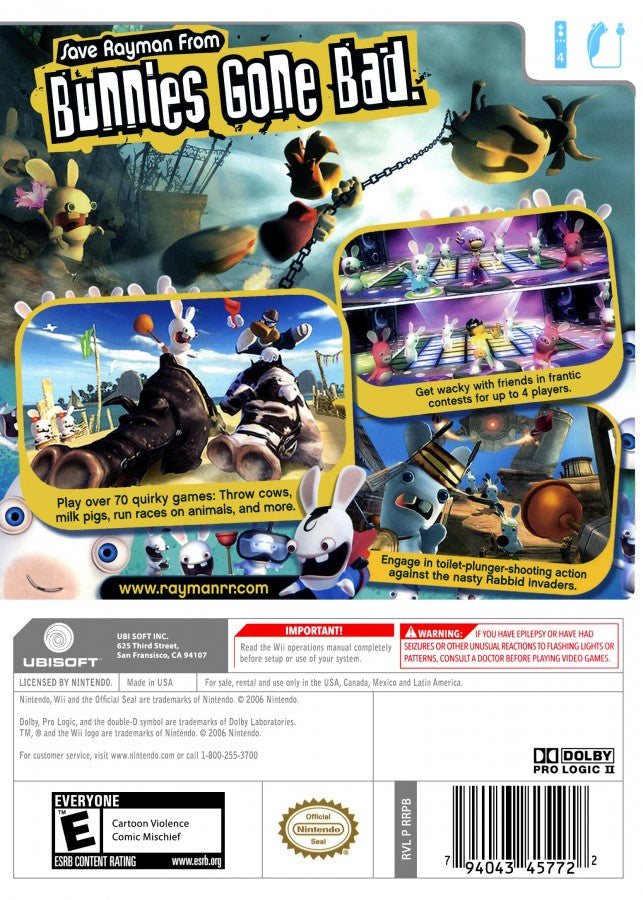 Rayman Raving Rabbids for Wii party video game featuring motion controlled mini games zany Rabbids humor colorful cartoon visuals competitive multiplayer fun and chaotic family friendly gameplay experience back cover
