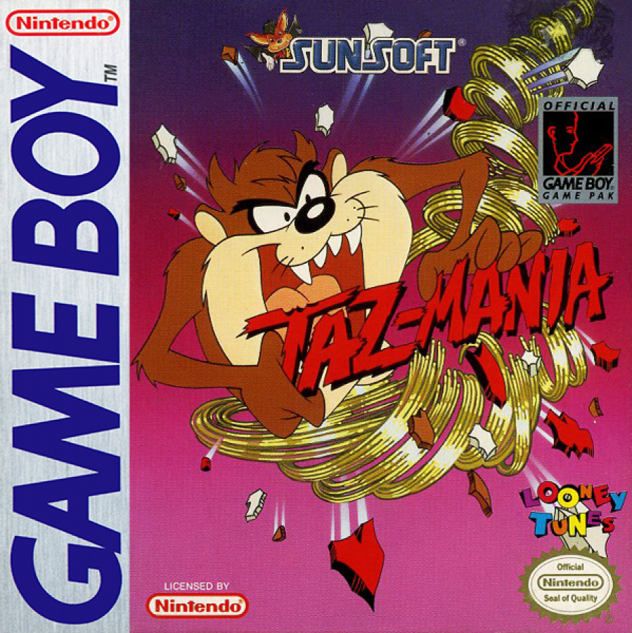 Taz-Mania Nintendo Game Boy GB for retro video game enthusiasts featuring side scrolling action platforming gameplay Looney Tunes inspired adventure Taz spin attacks colorful levels classic handheld gaming cartoon themed challenges and collectible gaming appeal cover art