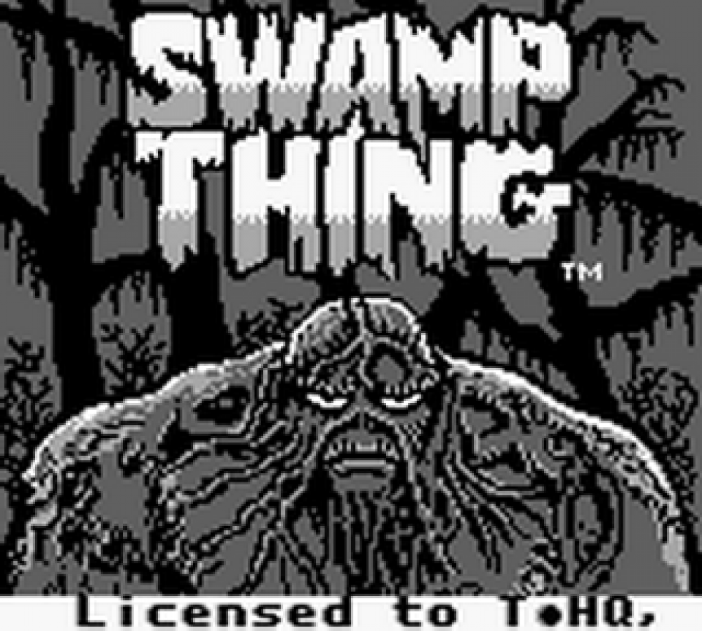 Swamp Thing for Game Boy, title screen for a side-scrolling action platformer video game with swamp-themed levels, enemy combat, obstacle navigation, and comic-inspired gameplay