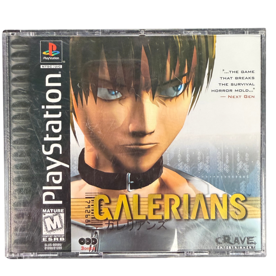Galerians PlayStation PS1 for survival horror video game fans featuring psychological horror gameplay psychic powers futuristic environments mysterious storyline puzzle solving intense enemy encounters cinematic exploration dark atmosphere and classic PlayStation horror adventure collectible gaming appeal cover art