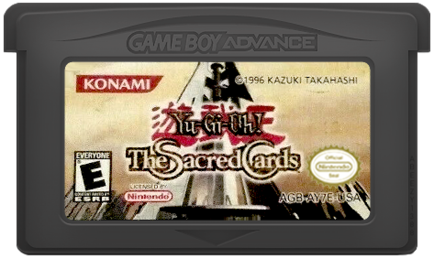 Yu-Gi-Oh! Sacred Cards Game Boy Advance GBA video game, trading card strategy, turn-based dueling, handheld console title cartridge art