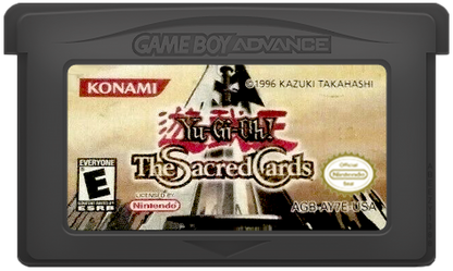 Yu-Gi-Oh! Sacred Cards Game Boy Advance GBA video game, trading card strategy, turn-based dueling, handheld console title cartridge art