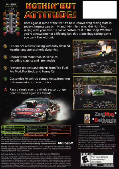 IHRA Drag Racing 2004 back cover art for Microsoft XBOX video game.