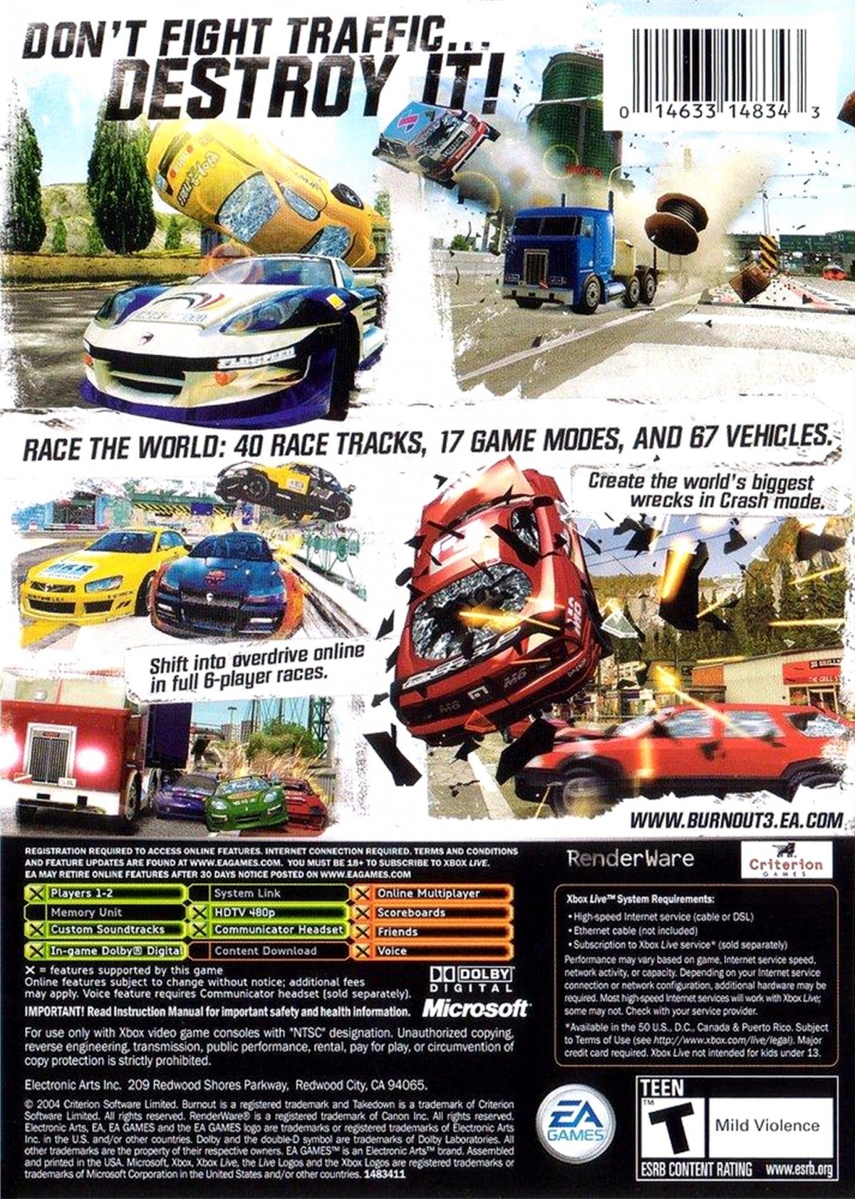 Burnout 3 Takedown Microsoft Xbox Original Xbox video game featuring high speed racing gameplay intense vehicle crashes takedown mechanics traffic racing road rage events crash mode and fast paced arcade driving action retro video game collection collectible gaming appeal back cover art