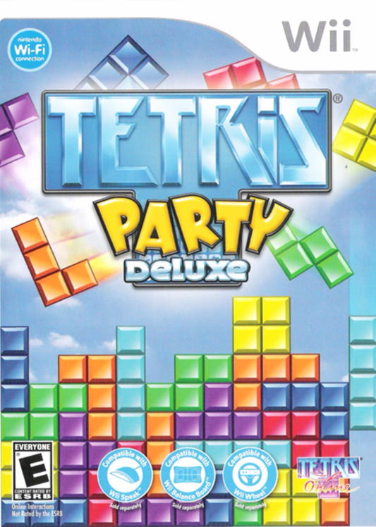 Tetris Party Deluxe for Nintendo Wii, cover image for a puzzle video game with classic block-stacking gameplay, party modes, multiplayer challenges, and family-friendly arcade fun