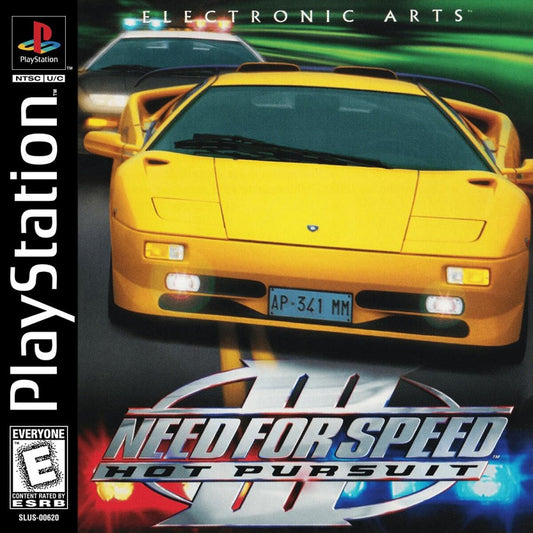Need for Speed III: Hot Pursuit racing video game for the original Sony PlayStation (PS1), featuring high-speed street racing, exotic sports cars, challenging tracks, police pursuits, multiple race modes, and intense arcade-style driving action as players race against opponents while trying to evade law enforcement cover art