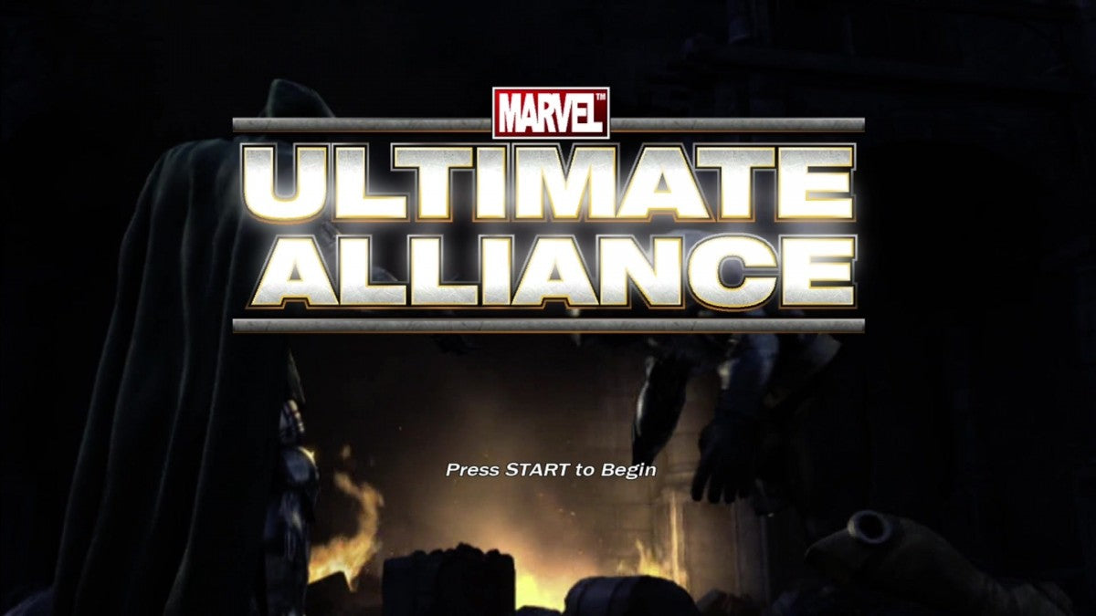 Marvel: Ultimate Alliance start screen for Xbox 360 (X360) action role-playing superhero video game
