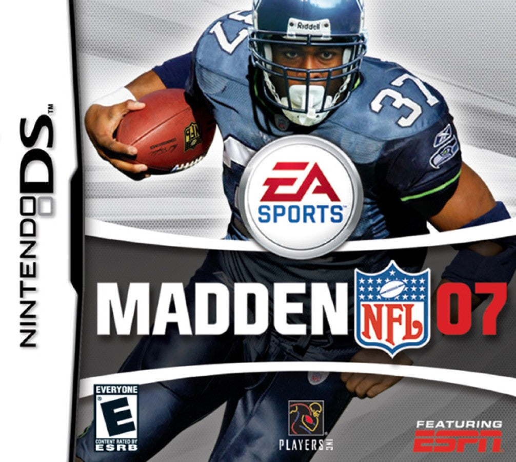 Madden NFL 07 Nintendo DS DS video game featuring American football sports simulation gameplay NFL teams and players offensive play calling defensive strategies passing rushing touchdowns hard hitting tackles special teams action season mode franchise management player ratings roster updates quarterback controls multiplayer matches and classic Nintendo DS handheld football gaming retro video game collection collectible gaming appeal front cover art