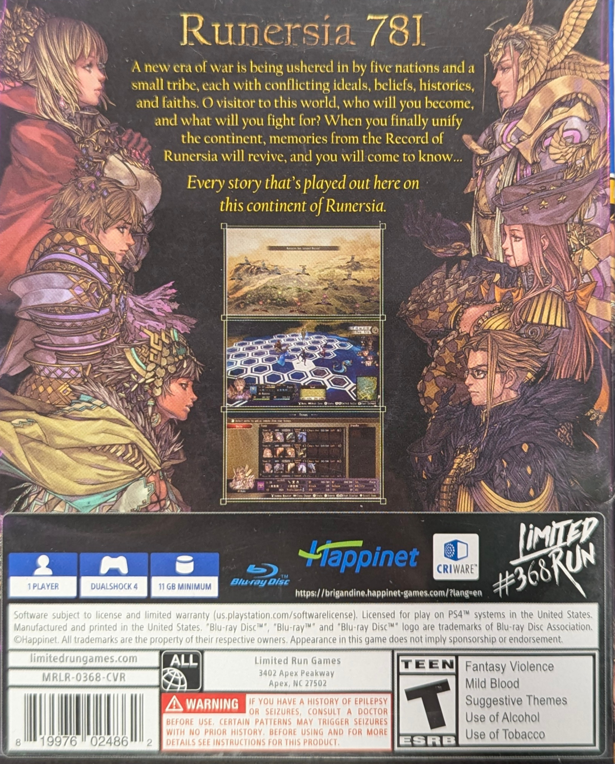Brigandine: The Legend of Runersia [Limited Run #368] for PlayStation 4 (PS4) at Gamers INC, featuring a grand strategy RPG where you command armies of knights and mythical creatures across the continent of Runersia, conquer rival nations, and shape the fate of six warring factions in deep turn-based battles with expansive replayability back cover