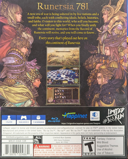 Brigandine: The Legend of Runersia [Limited Run #368] for PlayStation 4 (PS4) at Gamers INC, featuring a grand strategy RPG where you command armies of knights and mythical creatures across the continent of Runersia, conquer rival nations, and shape the fate of six warring factions in deep turn-based battles with expansive replayability back cover