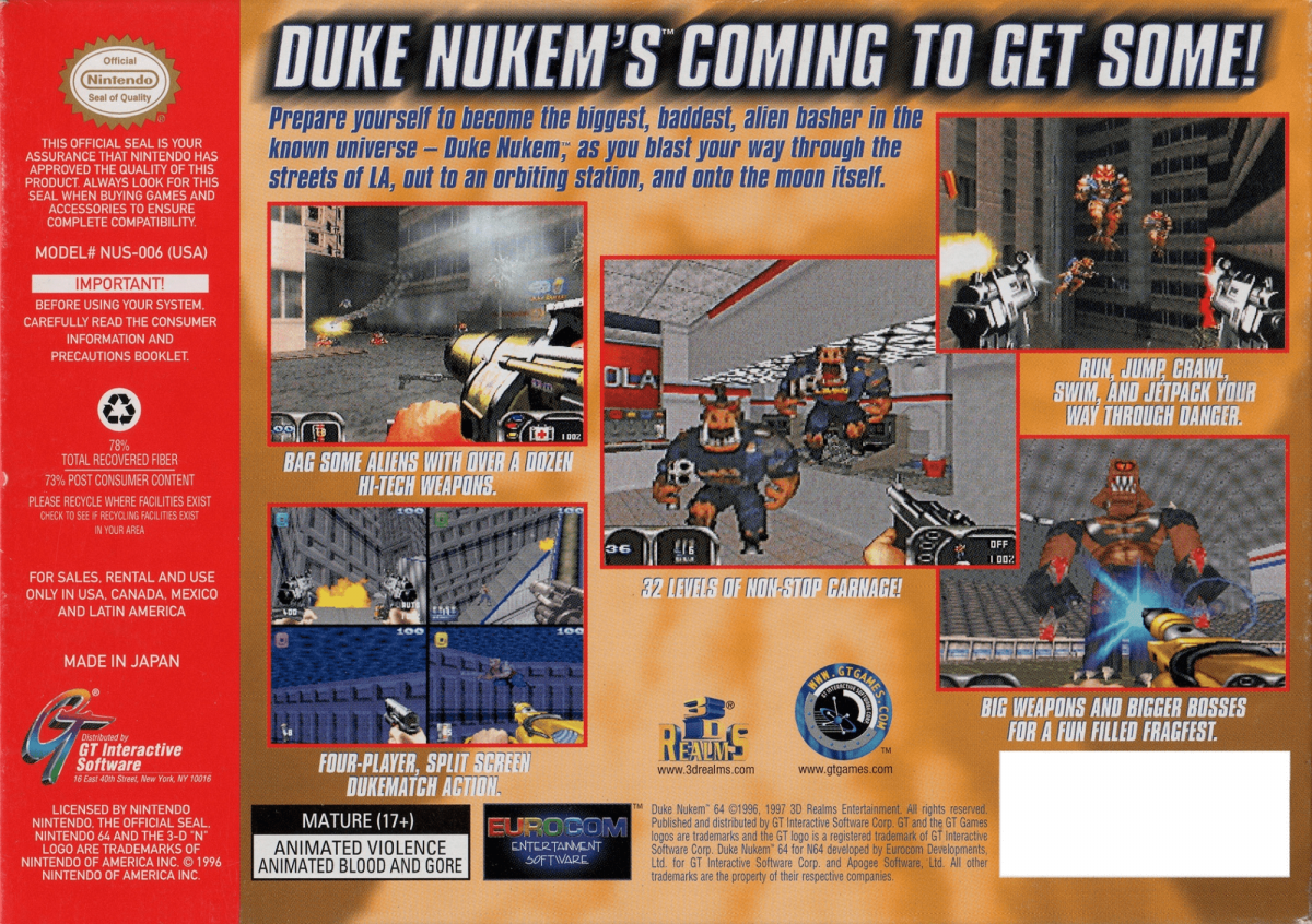 Duke Nukem 64 back cover art for Nintendo 64 (N64) video game