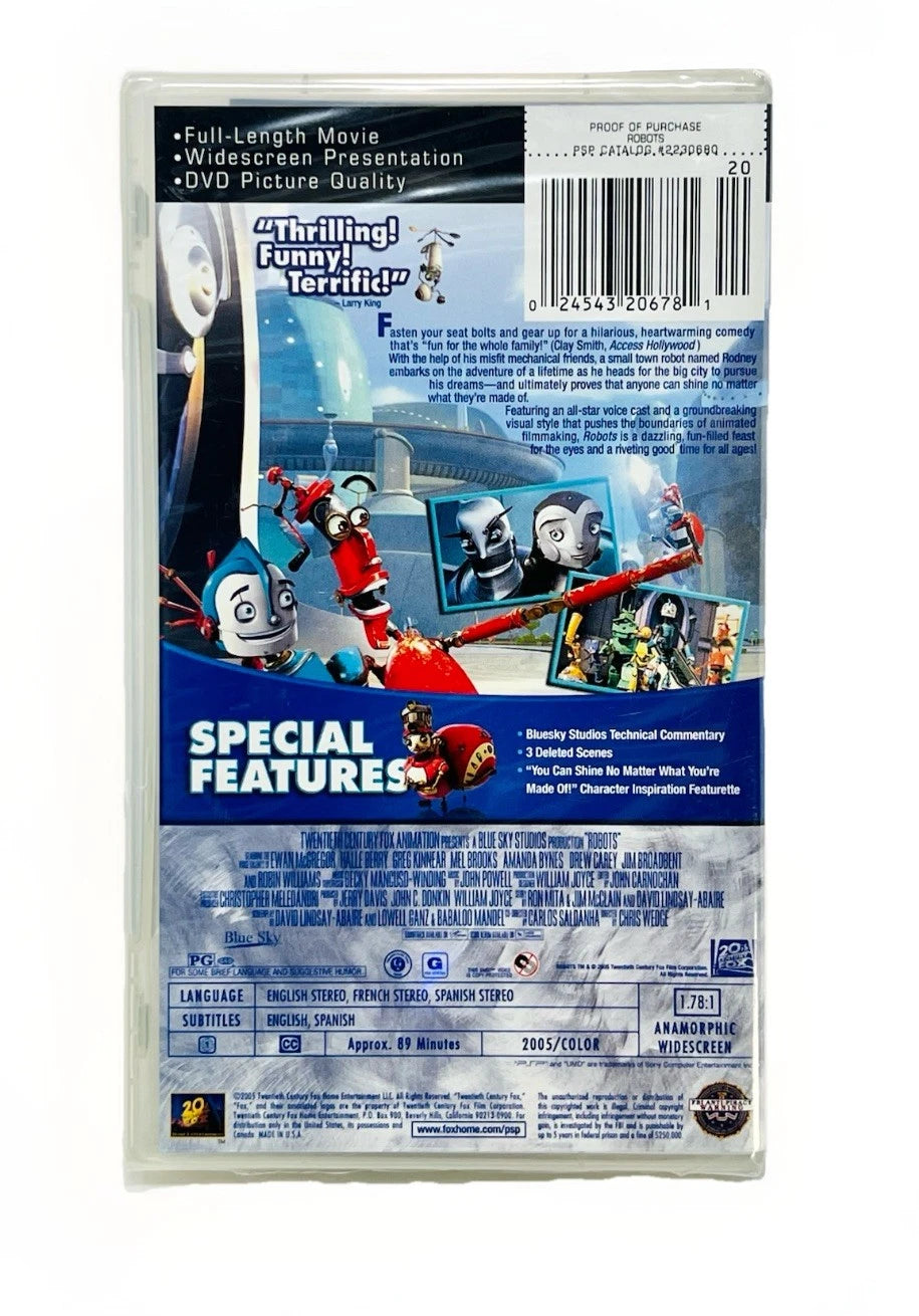 Robots UMD video for the PlayStation Portable featuring the full animated family film presented in portable format with sci fi adventure storytelling set in a world of robots created by Blue Sky Studios back cover