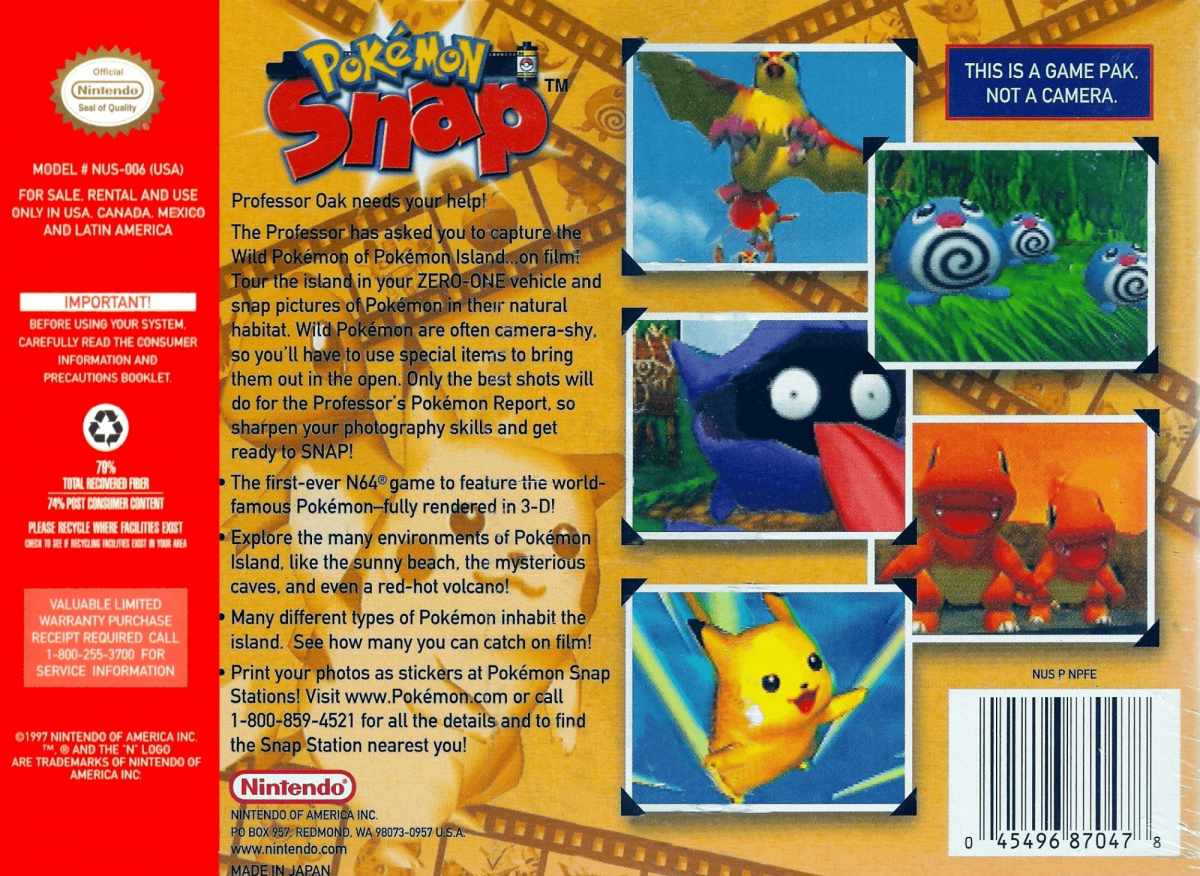 Pokemon Snap back cover art for Nintendo 64 (N64) video game