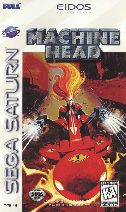 Machine Head Sega Saturn first person vehicle combat shooter hovercraft tank style gameplay sci fi futuristic battlegrounds fast paced arcade action missions weapon upgrades Psygnosis retro gaming Sega Saturn software video game title cover art