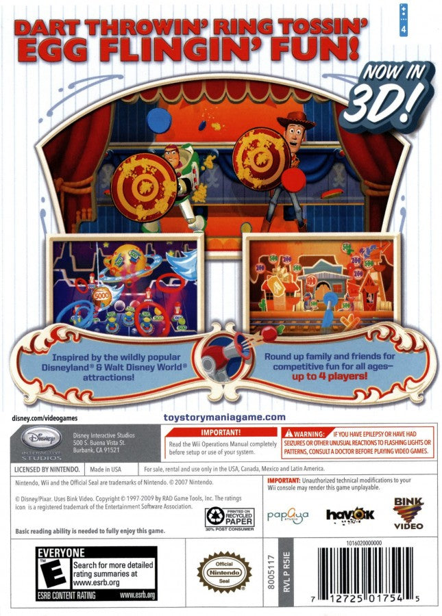 Disney Pixar Toy Story Mania back cover art for Nintendo Wii (Wii) video game