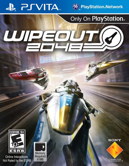 Wipeout 2048 PlayStation Vita cover art for retro video game enthusiasts featuring futuristic anti gravity racing gameplay high speed sci fi tracks weapon based combat competitive racing modes sleek neon visual style and portable handheld adrenaline fueled racing experience and collectible gaming appeal
