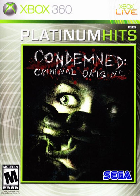 Condemned Criminal Origins Platinum Hits for Xbox 360 first person survival horror video game featuring forensic investigation melee combat intense psychological terror and dark atmospheric crime thriller gameplay experience cover art