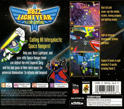 Disney Pixar Buzz Lightyear of Star Command PlayStation 1 PS1 for action platformer retro video game fans featuring Buzz Lightyear adventure sci fi missions alien enemies futuristic worlds platforming action cartoon inspired gameplay collectible gaming appeal back of case