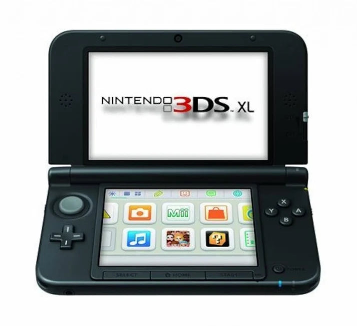 Nintendo 3DS XL black console handheld gaming system featuring large dual screens glasses free 3D display touch screen controls built in cameras Wi Fi connectivity backward compatibility with Nintendo DS games portable Nintendo gaming rechargeable battery collectible gaming appeal
