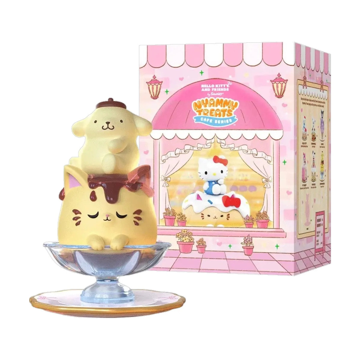 Nyammy Treats Sanrio Cafe Series Blind Box Sanrio collectible figure featuring cute cafe themed character designs adorable food inspired accessories pastel colors sweet dessert styling mystery surprise figure collectible toy kawaii character merchandise desk display shelf decor Sanrio fan collection and Japanese pop culture collectible appeal