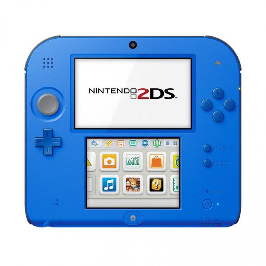 Nintendo 2DS Electric Blue System inspired design featuring handheld gaming console aesthetic vibrant blue clamshell free form slate design dual screen portable gameplay colorful Nintendo hardware family friendly gaming experience and classic handheld entertainment presentation front on 