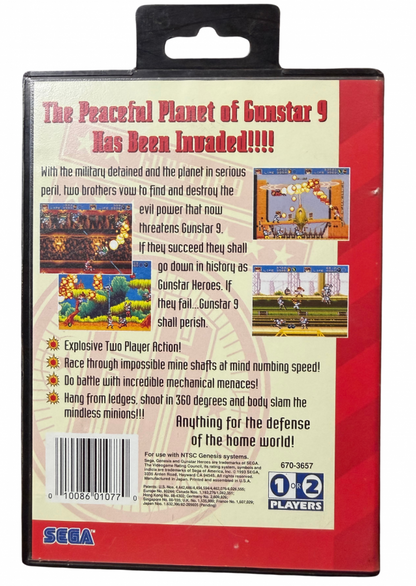 Gunstar Heroes Sega Genesis video game cartridge classic 16 bit action shooter for retro gaming collectors Sega fans vintage video game enthusiasts Genesis game collection and classic gaming enthusiasts back cover art