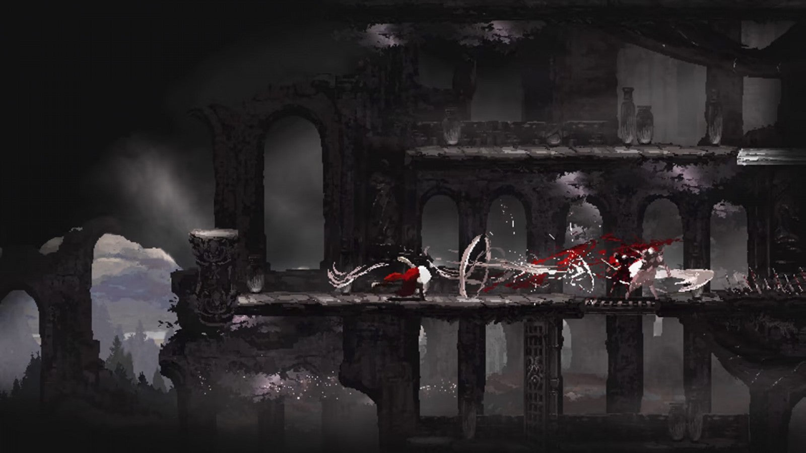 Moonscars Nintendo Switch inspired design featuring dark fantasy action platformer aesthetic gothic pixel art visuals brutal combat mysterious alchemical world atmospheric exploration challenging boss battles haunting metroidvania gameplay presentation gameplay