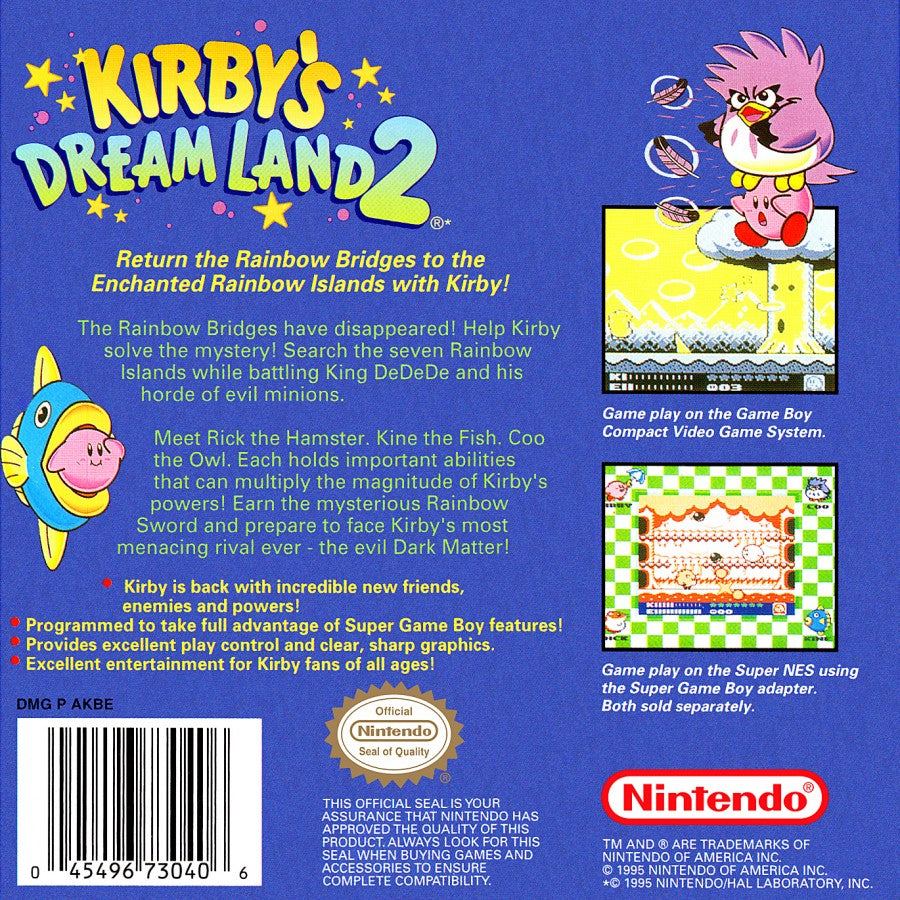 Kirby's Dream Land 2 back cover art for Game Boy (GB) video game