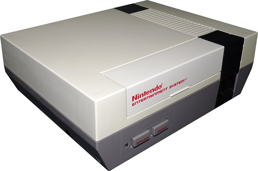 Angled front view of an original Nintendo Entertainment System (NES) console showing cartridge slot, power button, and controller ports.