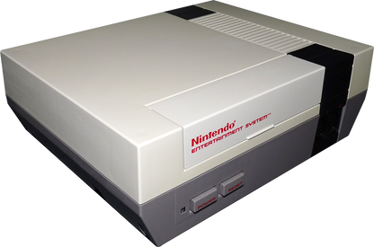 Angled front view of an original Nintendo Entertainment System (NES) console showing cartridge slot, power button, and controller ports.