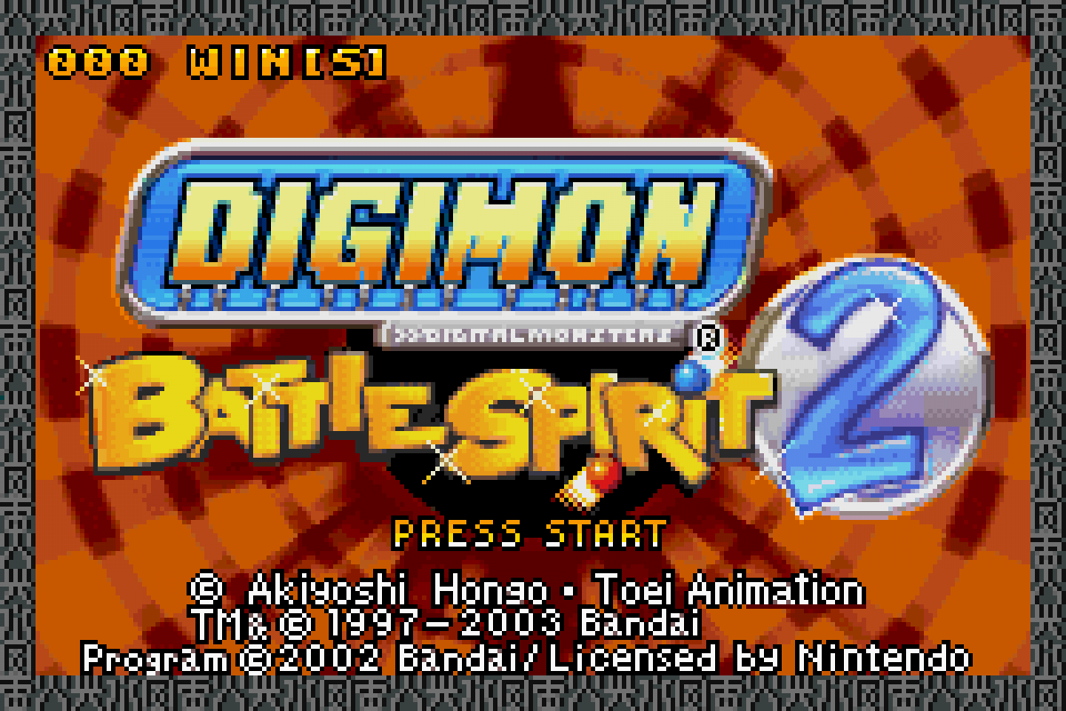 Digimon Battle Spirit 2 Game Boy Advance GBA video game featuring fighting gameplay Digimon battles character abilities special attacks arena combat collectible Digimon characters competitive matches and classic handheld Nintendo gameplay retro video game collection collectible gaming appeal start screen