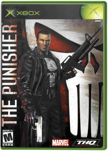 The Punisher Xbox retro video game action shooter featuring Frank Castle intense combat weapons tactical gameplay crime fighting missions Marvel character action third person shooting Xbox gaming experience collectible game collection appeal cover at