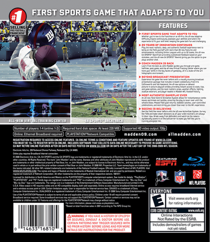 Madden NFL 09 back cover art for PlayStation 3 (PS3) video game