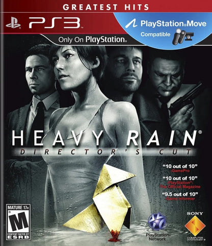 Heavy Rain Director's Cut Greatest Hits PlayStation 3 interactive drama thriller video game multiple protagonist narratives Quantic Dream branching story choices morality system crime investigation David Cage cinematic quick time events emotional psychological horror exclusive additional content The Taxidermist scene front cover