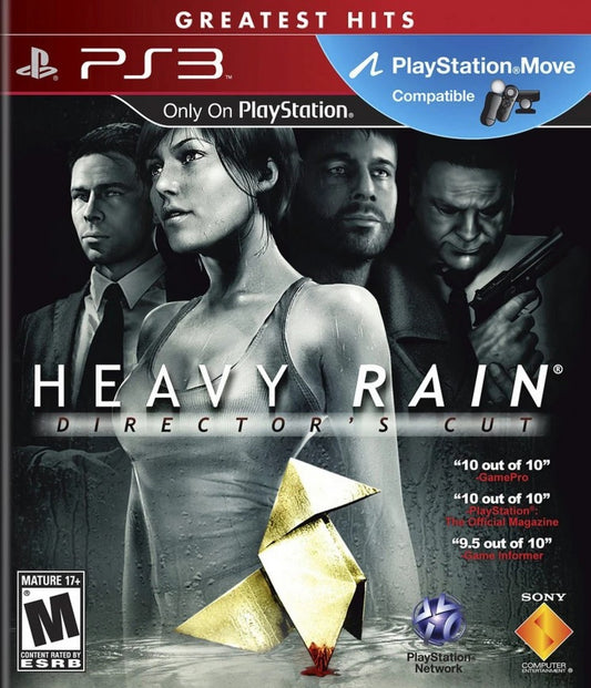 Heavy Rain Director's Cut Greatest Hits PlayStation 3 interactive drama thriller video game multiple protagonist narratives Quantic Dream branching story choices morality system crime investigation David Cage cinematic quick time events emotional psychological horror exclusive additional content The Taxidermist scene front cover