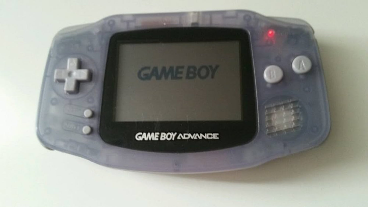 Game Boy Advance GBA handheld console Glacier color, portable Nintendo system, retro gaming device, good condition close up of turned on (not this device)