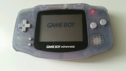 Game Boy Advance GBA handheld console Glacier color, portable Nintendo system, retro gaming device, good condition close up of turned on (not this device)