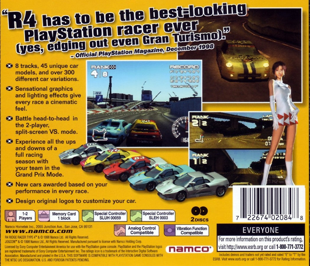 Ridge Racer Type 4 PlayStation 1 PS1 for retro video game enthusiasts featuring arcade racing gameplay high speed drifting mechanics stylish sports cars multiple racing teams responsive controls cinematic presentation and collectible gaming appeal back cover 