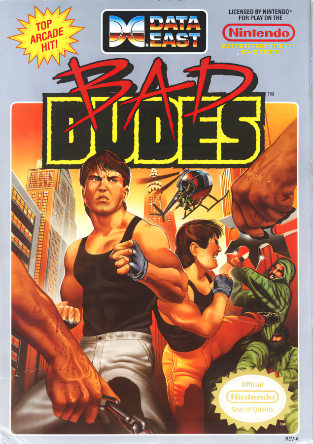 Bad Dudes retro NES video game Bad Dudes side scrolling beat em up action combat arcade style fighting cooperative gameplay classic console title Nintendo Entertainment System release cover art