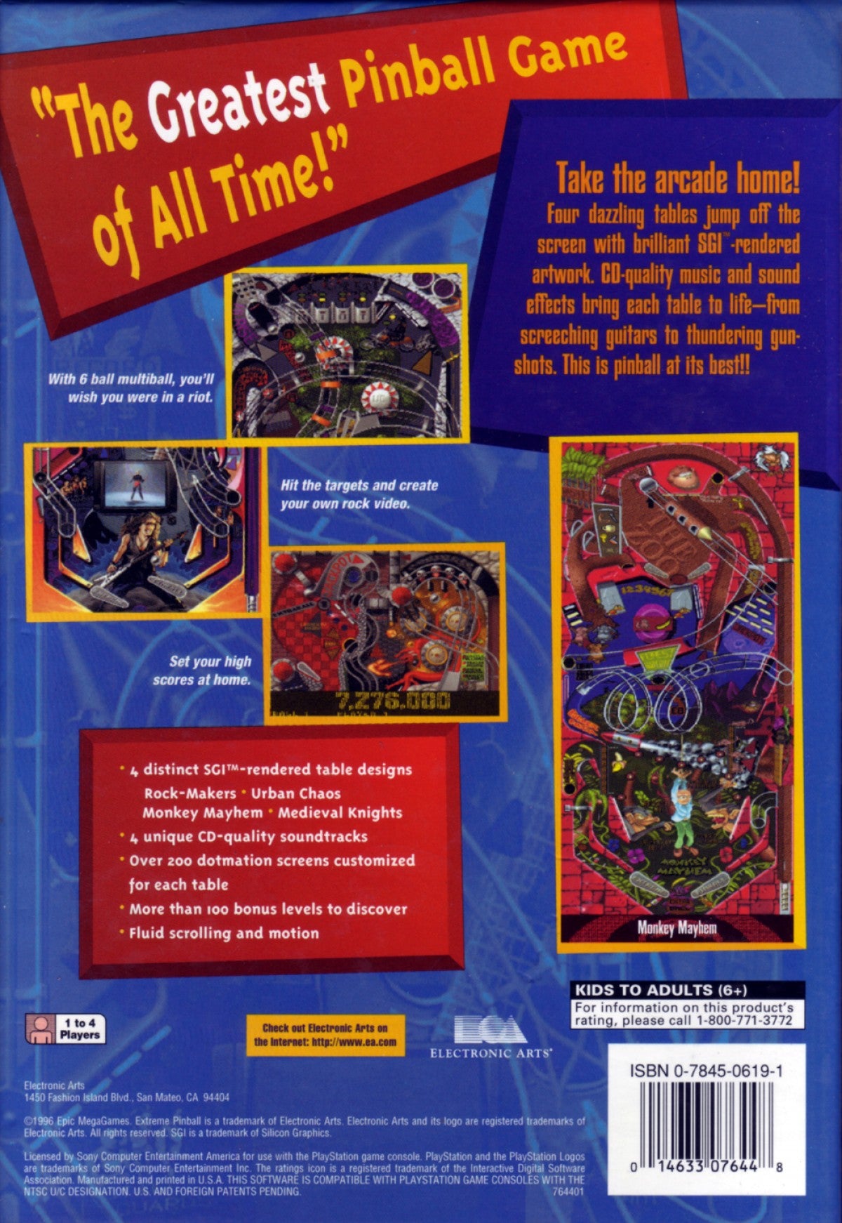 Extreme Pinball [Long Box] for PlayStation 1 (PS1) at Gamers INC, featuring the fast-paced arcade action of four distinct, themed tables—Rock Fantasy, Medieval Knights, Urban Chaos, and Monkey Mayhem—all contained in the rare, collectible early-release "Long Box" packaging; experience high-energy bumpers, secret ramps, and multi-ball madness in a classic title that brought authentic, 32-bit pinball physics and diverse playstyles to the early PlayStation era back box