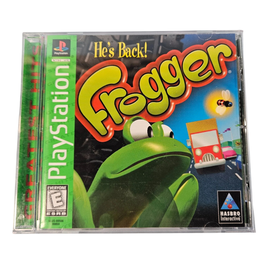Frogger Greatest Hits release for the PlayStation featuring arcade style action gameplay with classic frog crossing mechanics dodging traffic and hazards across roads rivers and obstacle filled levels in a modern 3D presentation front cover 
