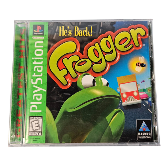 Frogger Greatest Hits release for the PlayStation featuring arcade style action gameplay with classic frog crossing mechanics dodging traffic and hazards across roads rivers and obstacle filled levels in a modern 3D presentation front cover 