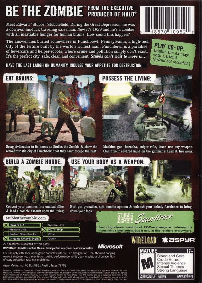 Stubbs the Zombie in Rebel Without a Pulse Microsoft Xbox Original Xbox video game featuring action adventure gameplay zombie combat retro futuristic world exploration humorous undead characters brain eating abilities enemy attacks and quirky gameplay mechanics retro video game collection collectible gaming appeal back cover art