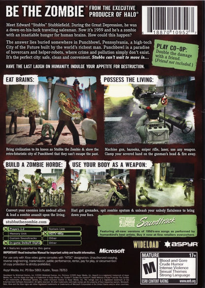 Stubbs the Zombie in Rebel Without a Pulse Microsoft Xbox Original Xbox video game featuring action adventure gameplay zombie combat retro futuristic world exploration humorous undead characters brain eating abilities enemy attacks and quirky gameplay mechanics retro video game collection collectible gaming appeal back cover art