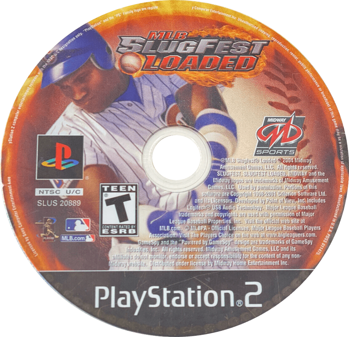 MLB Slugfest: Loaded disc art for PlayStation 2 (PS2) featuring over‑the‑top arcade baseball action with fiery pitches, hard‑hitting collisions, and exaggerated player moves