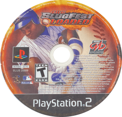 MLB Slugfest: Loaded disc art for PlayStation 2 (PS2) featuring over‑the‑top arcade baseball action with fiery pitches, hard‑hitting collisions, and exaggerated player moves